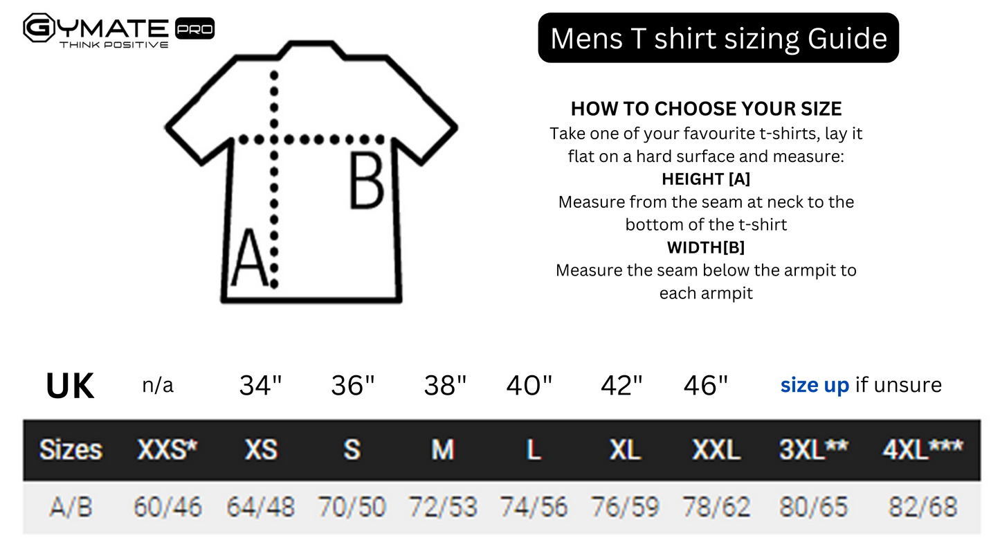 Designer mens T shirts Gymate size chart