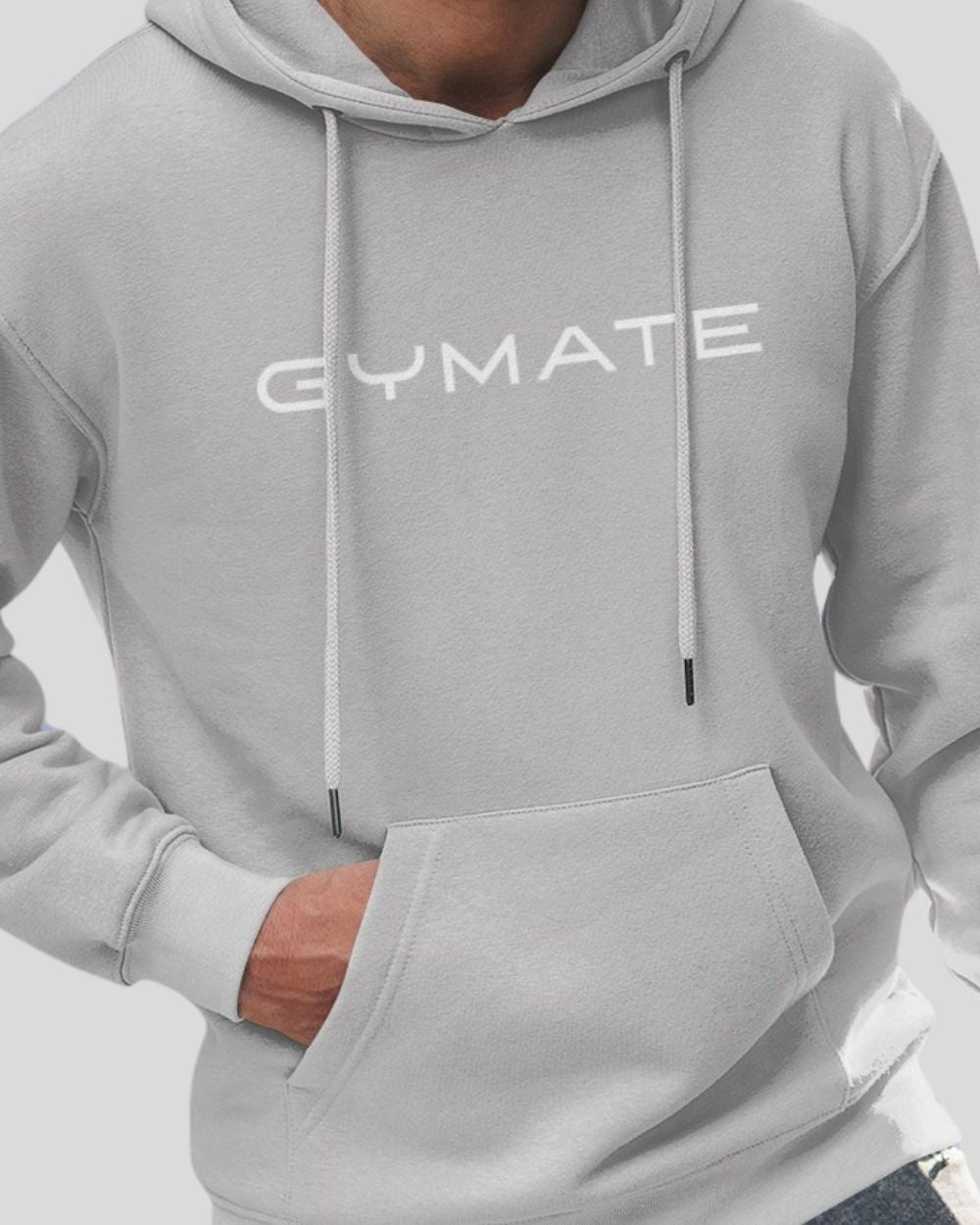 silver grey Mens Hoodies Designer Gymate close up logo