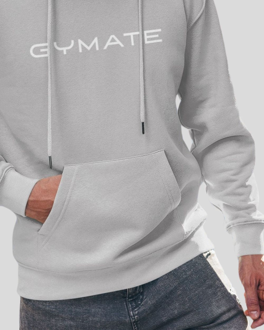 silver grey Mens Hoodies Designer Gymate close up hem