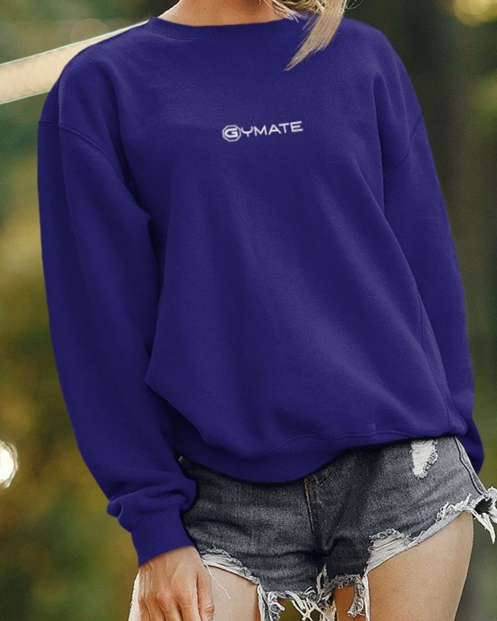 navy blue Designer Womens Sweatshirts Gymate Logo close up