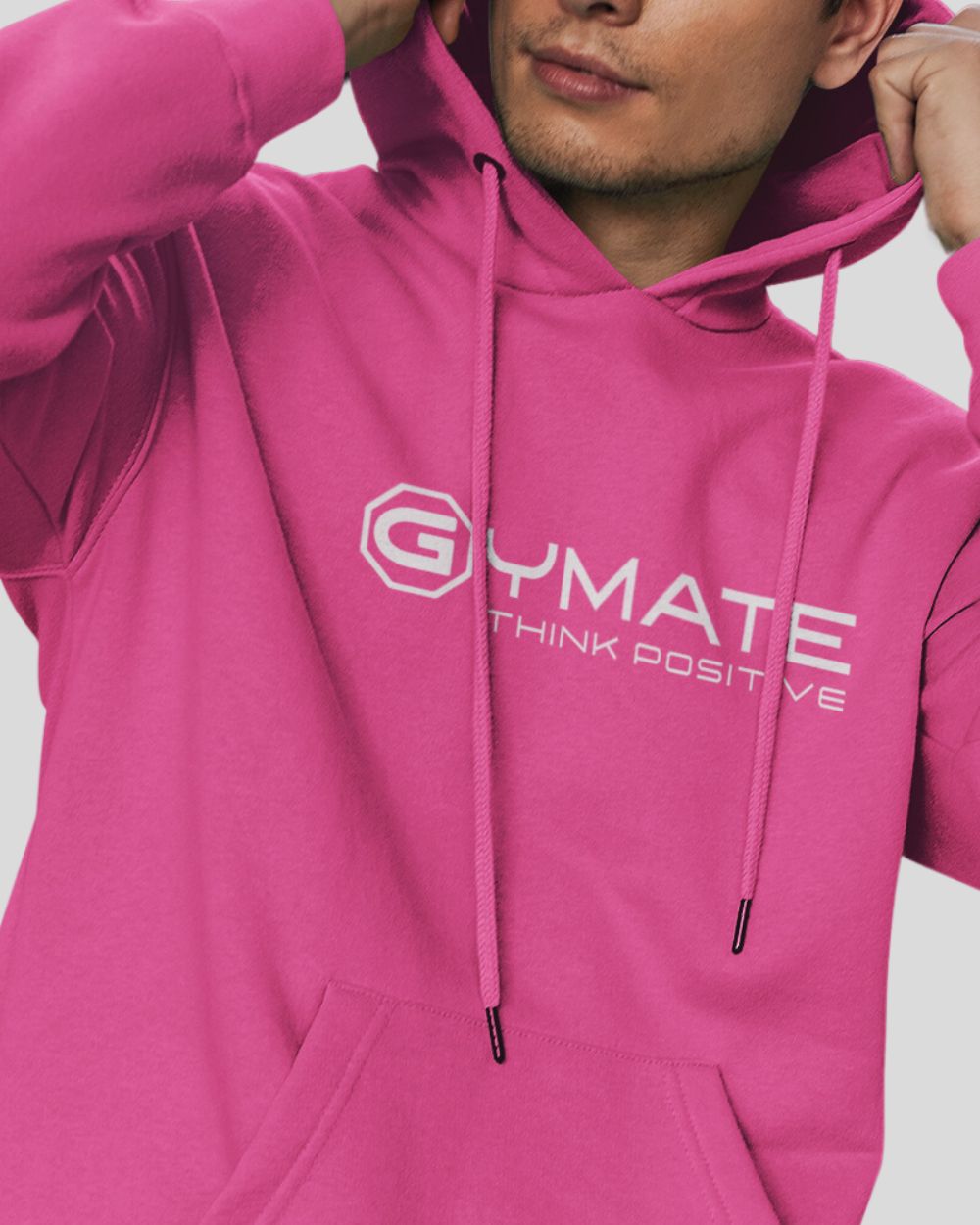 Stylish Mens Pink Hoodies close up of Centre Gymate 'Think Positive' logo