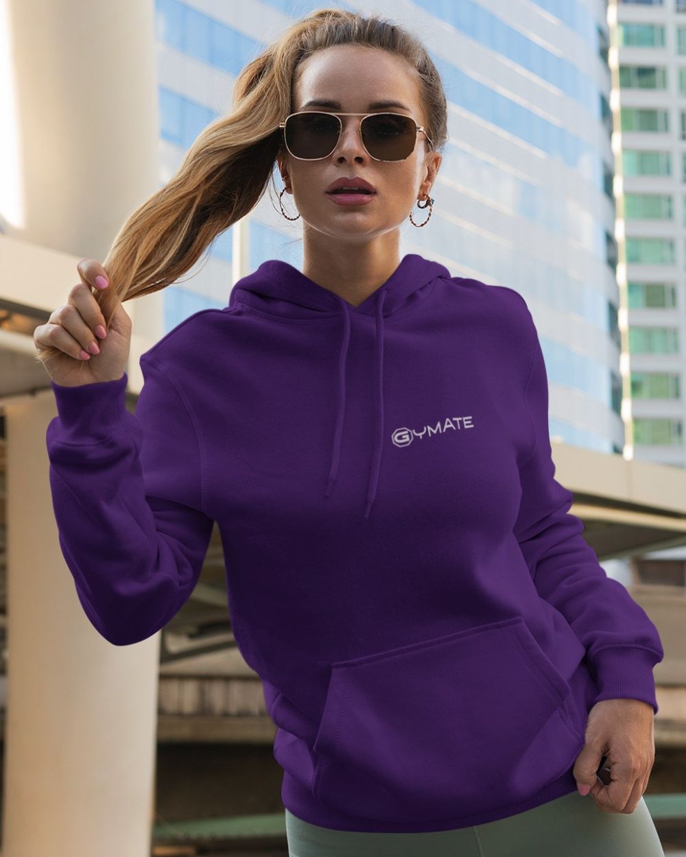 purple womens designer hoodie with gymate logo on chest