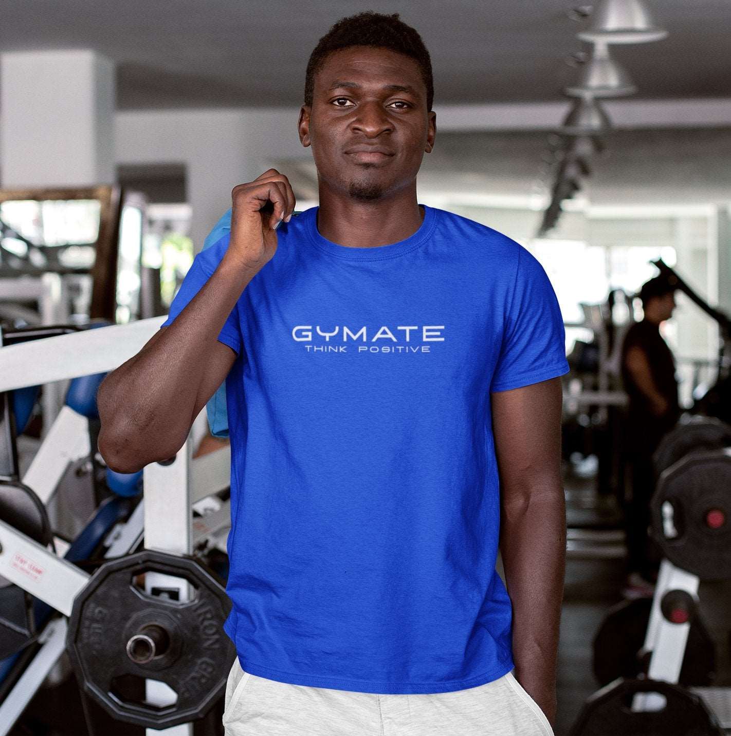 Designer mens T shirts Original Gymate Think Positive royal blue