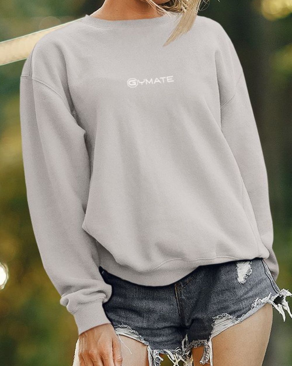 silver grey Designer Womens Sweatshirts Gymate Logo close up front