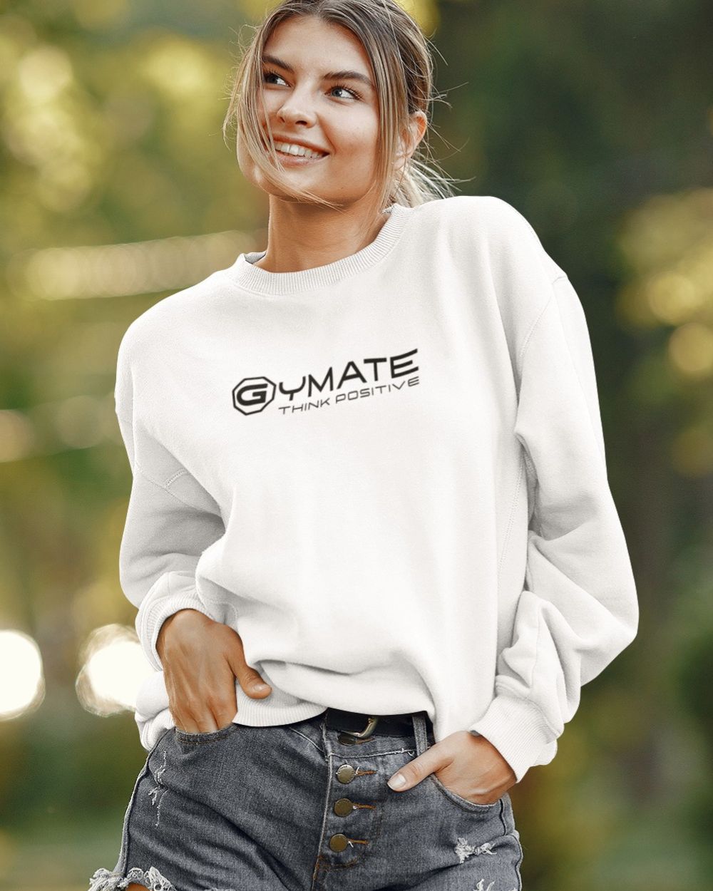 white Designer Womens Sweatshirts Gymate Think Positive logo