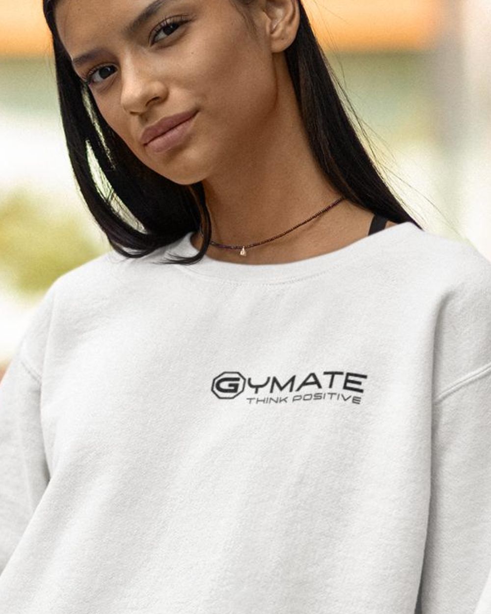 White Designer Womens Sweatshirts close up fo Gymate logo