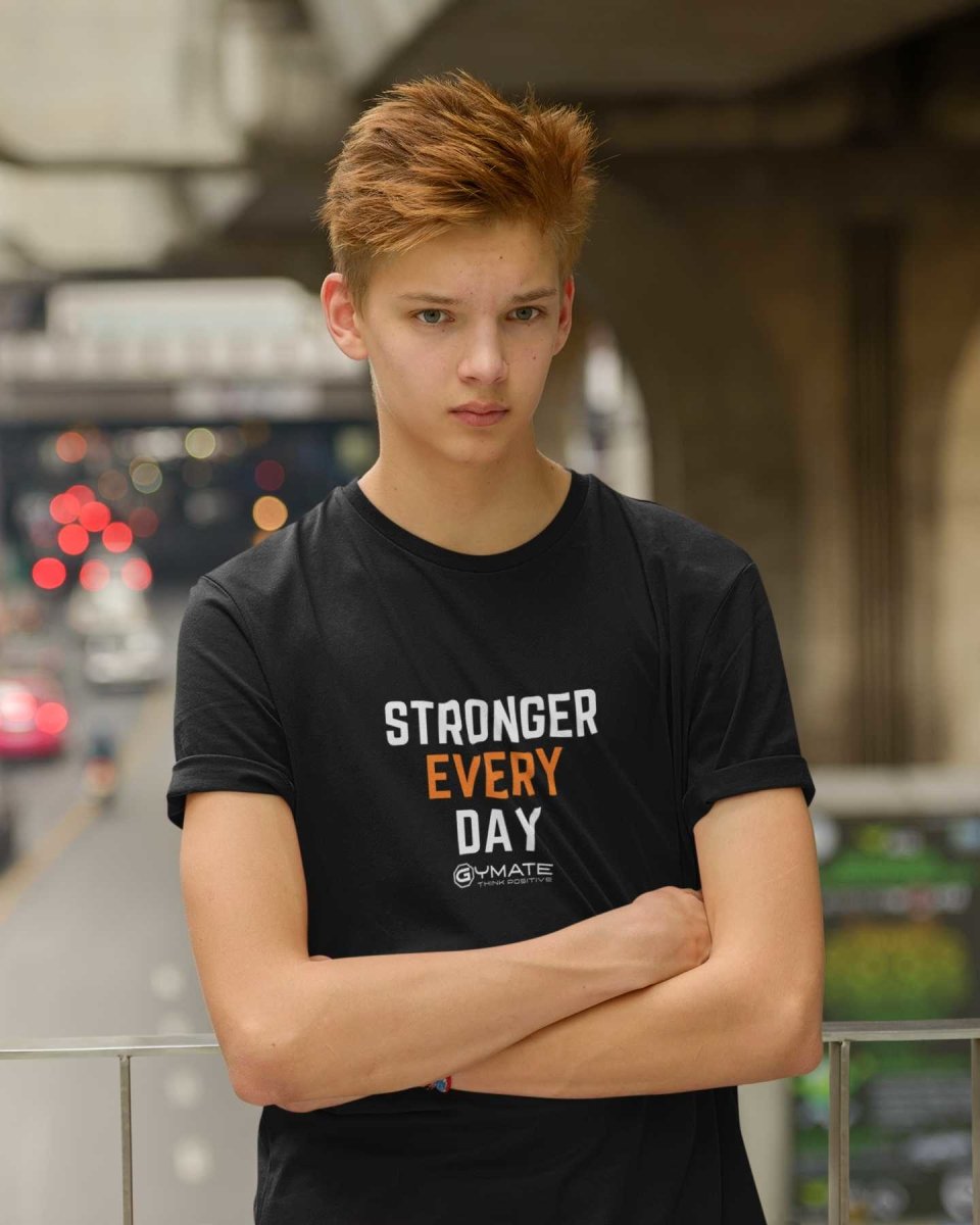 Black 'Stronger Everyday' positive slogan t shirts for kids