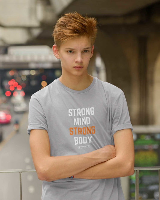 Grey 'Strong Mind Strong Body' positive slogan t shirts for kids