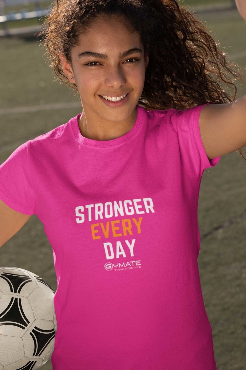 Pink 'Stronger Everyday' positive slogan t shirts for kids