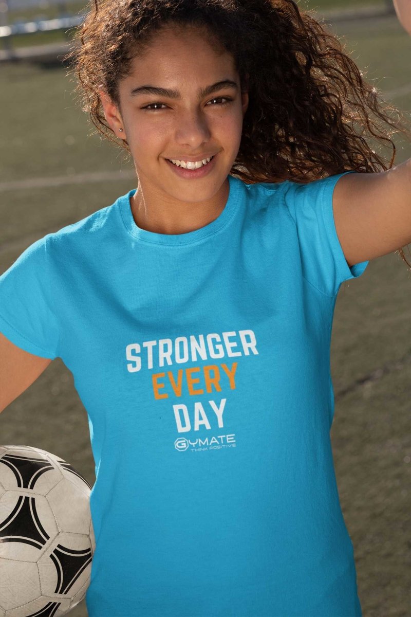 Sapphire blue 'Stronger Everyday' positive slogan t shirts for kids