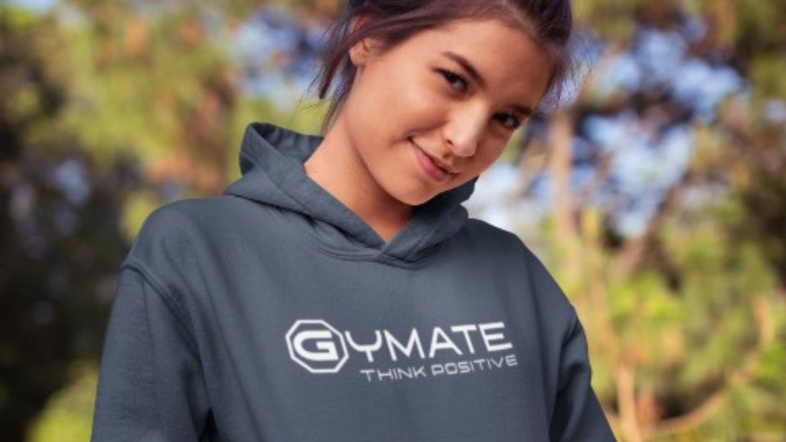Girl wearing airforce blue hoodies for juniors with think positive logo