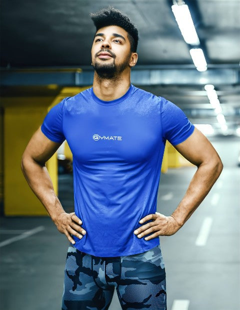 gymate pro recycled performance activewear t shirt centre blue