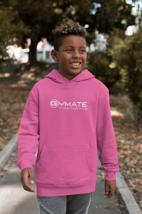 pink gymate branded boys and girls hoodie with large logo