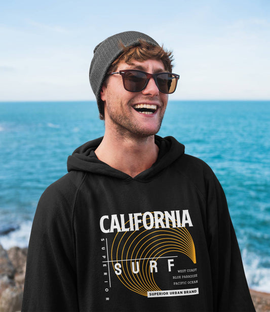 black Mens Hoodie – California Surf Graphic for Casual or Active Wear