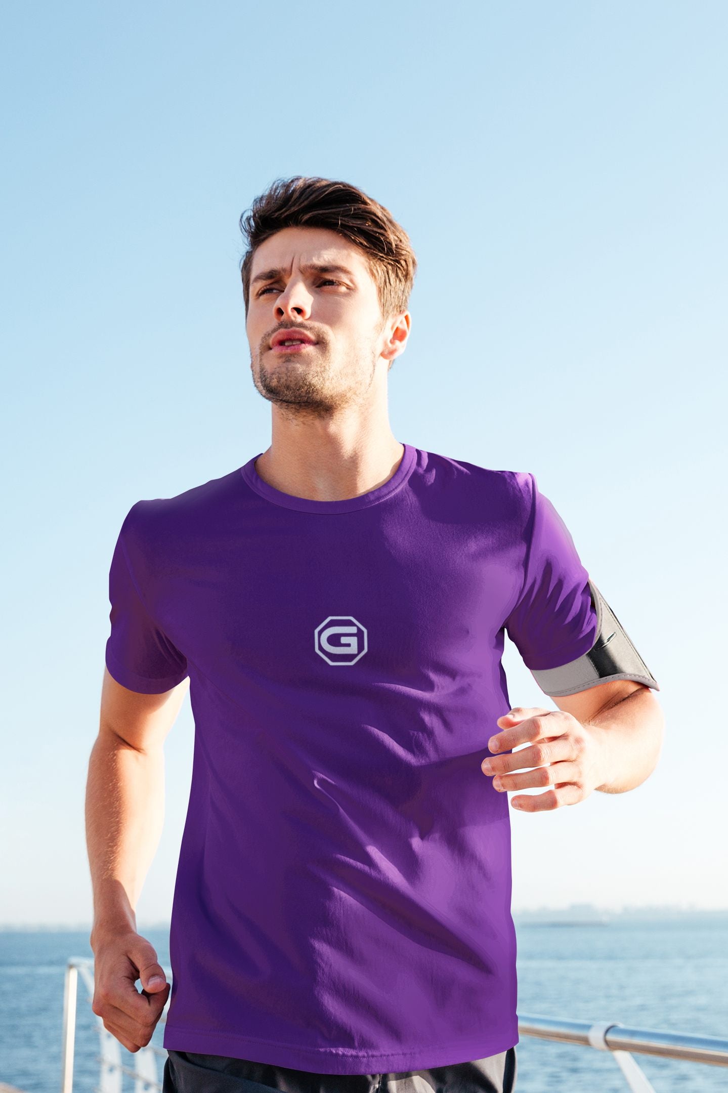 Designer mens t shirt Active / Leisure Wear | Gymate Large G logo purple