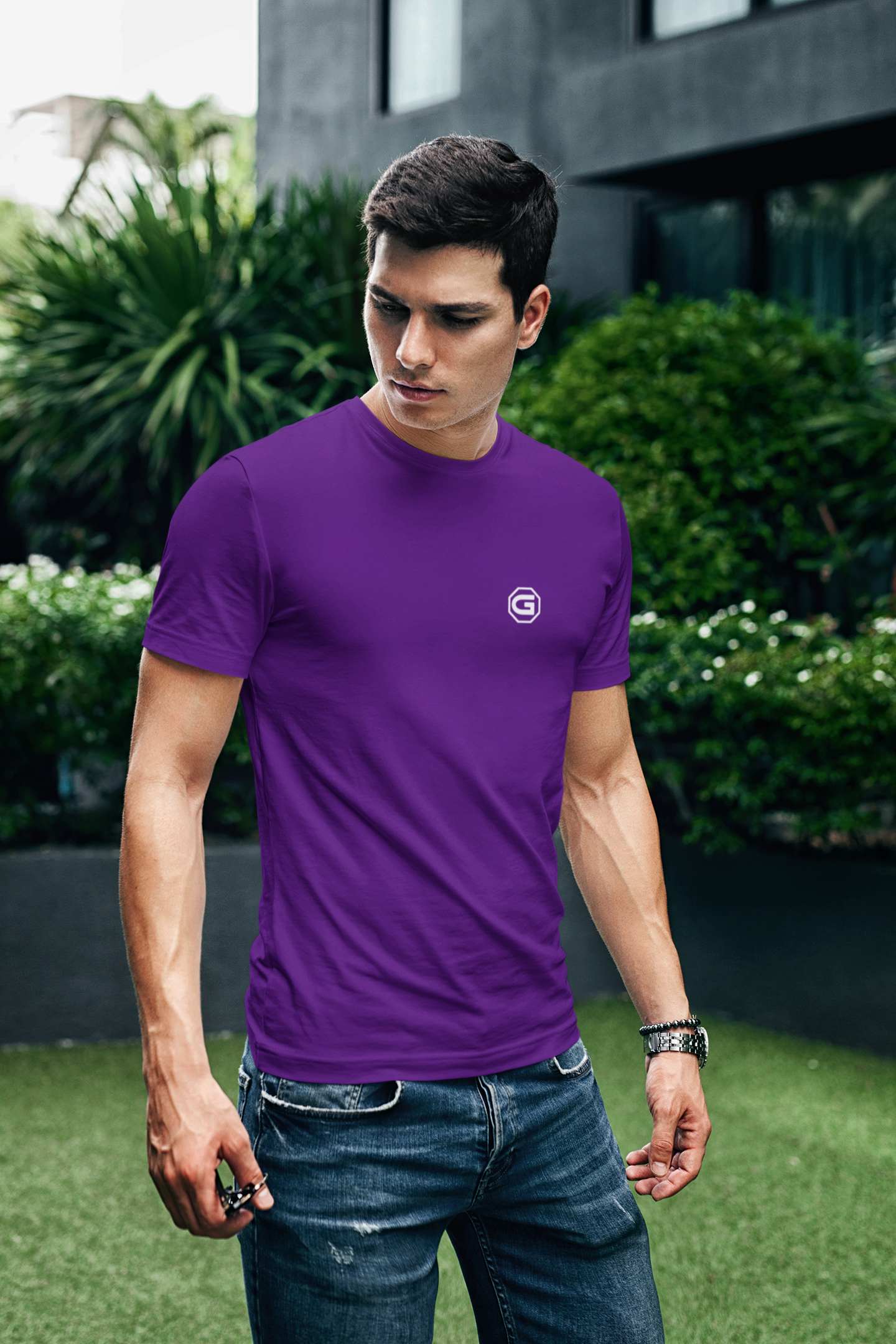 Stylish T shirts for men Active / Leisure Wear | Gymate small G logo purple