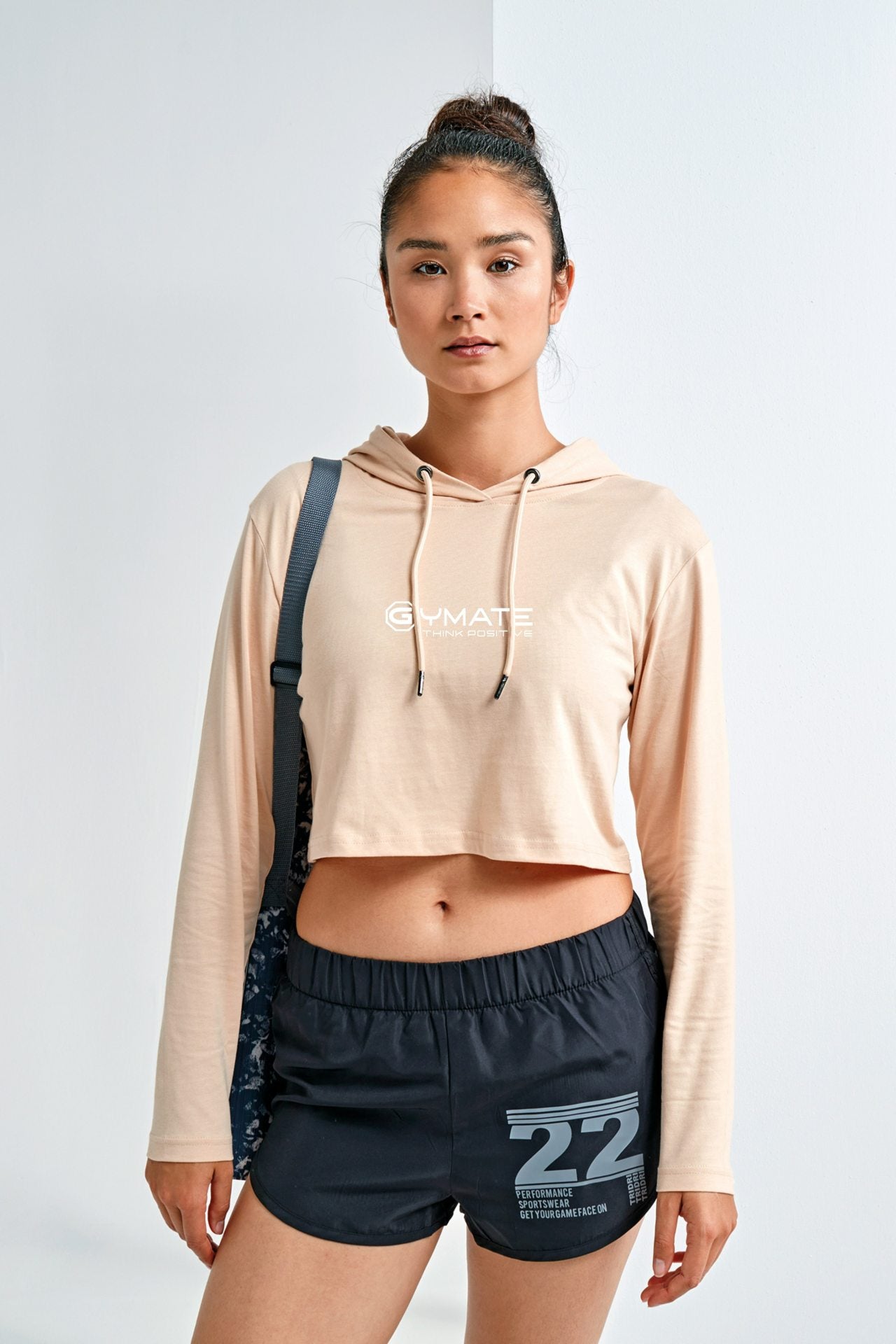 Gymate Pro cropped hooded t shirt natural model front
