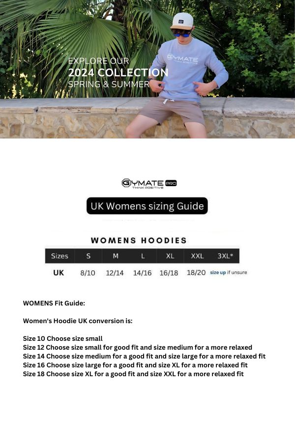 womans hoodie gym life no pain no gain size chart