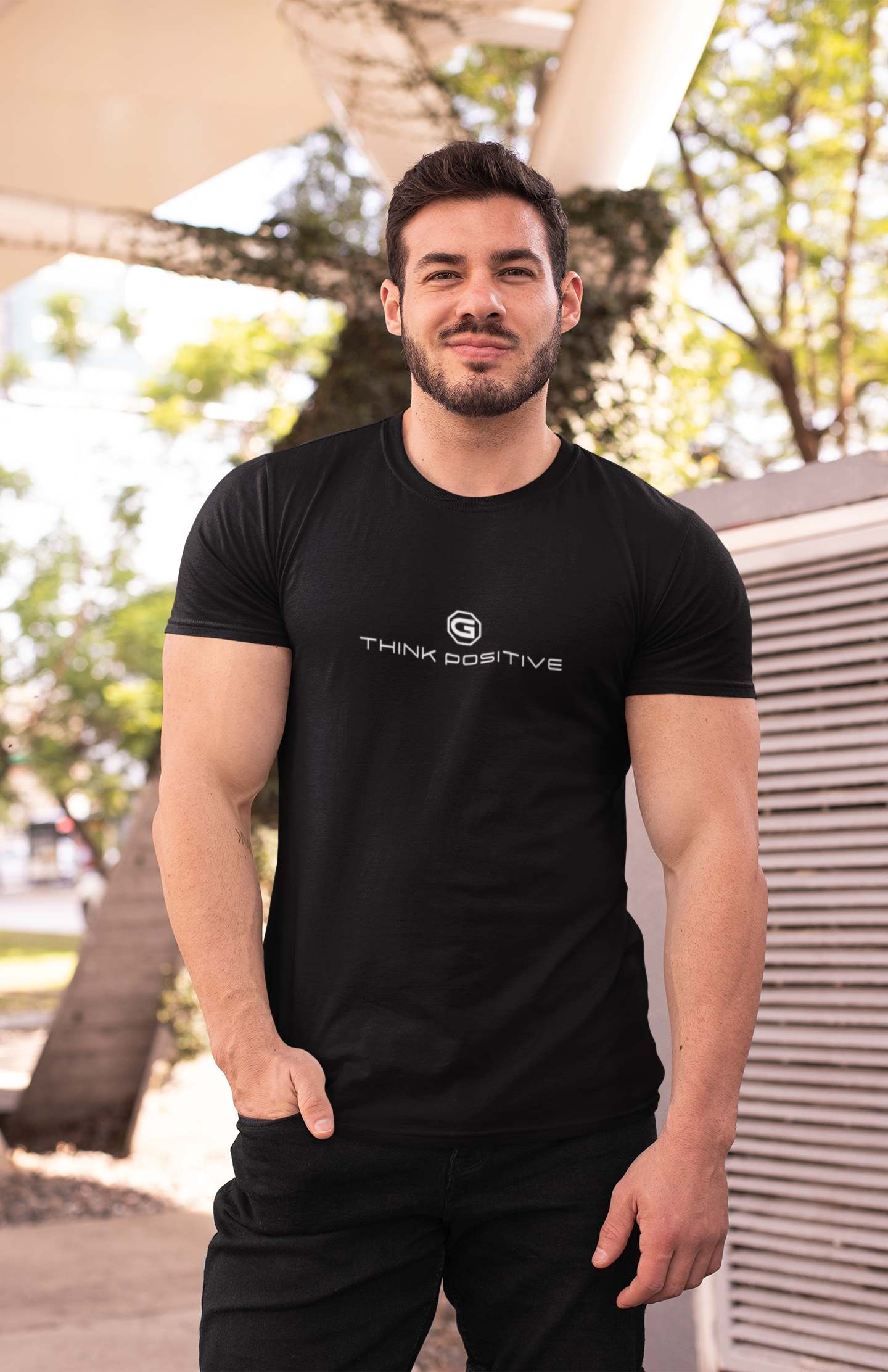 Mens designer t-shirts Think Positive perfect for exercise or athleisure black