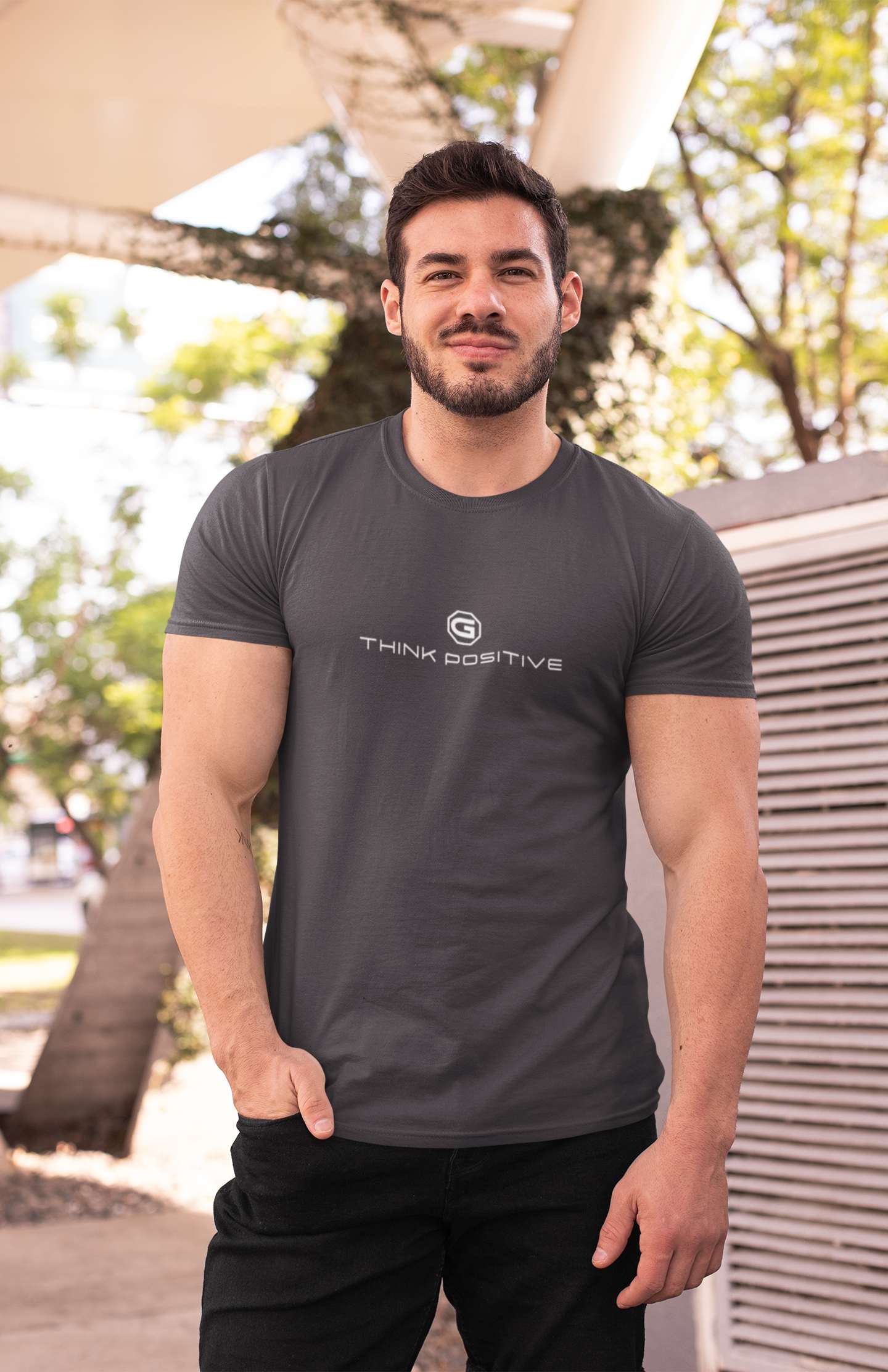 Mens designer t-shirts Think Positive perfect for exercise or athleisure Grey