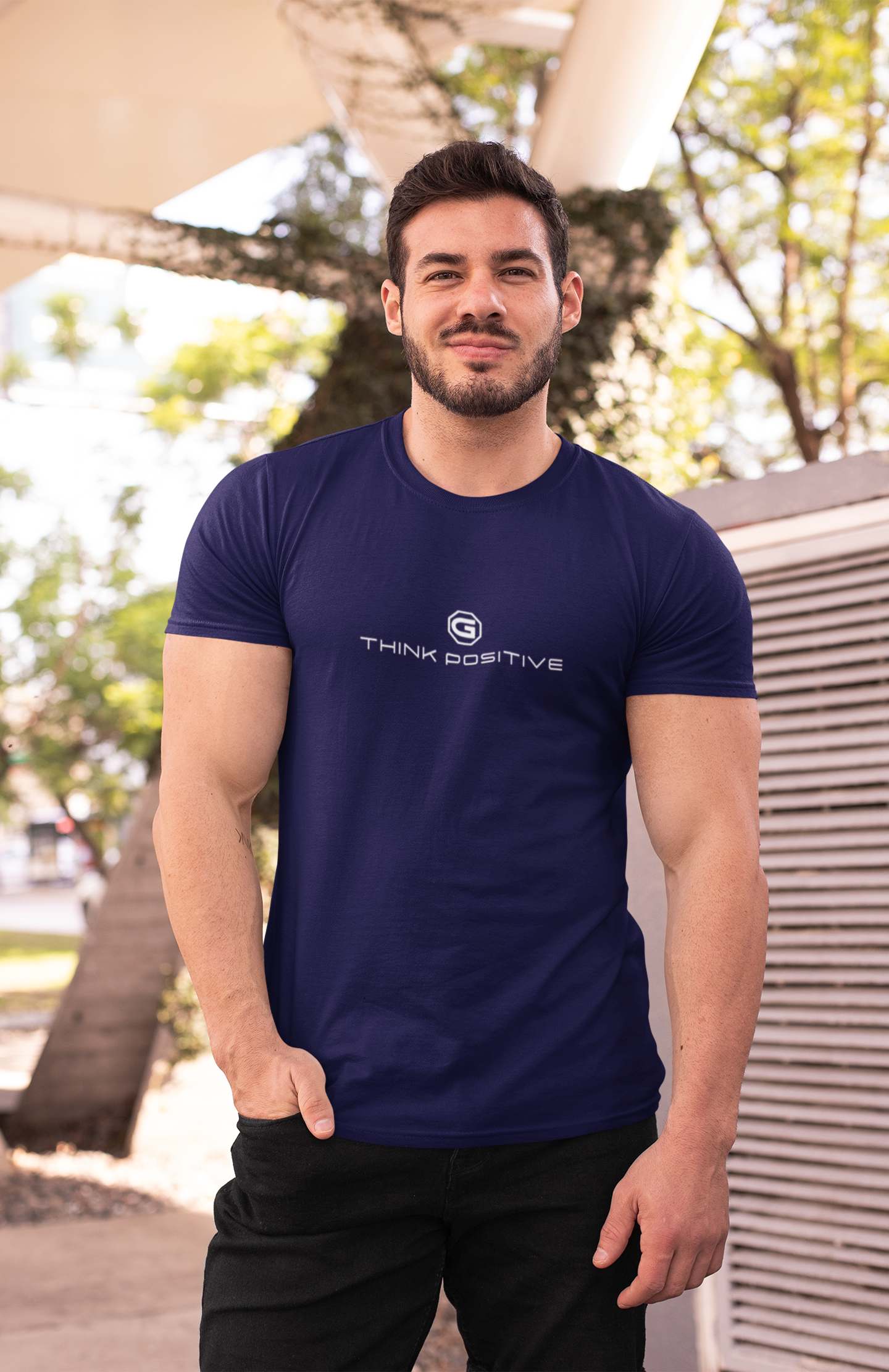 Mens designer t-shirts Think Positive perfect for exercise or athleisure Navy