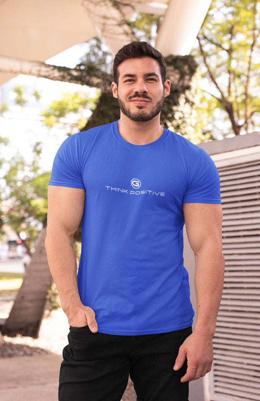Mens designer t-shirts Think Positive perfect for exercise or athleisure Royal Blue