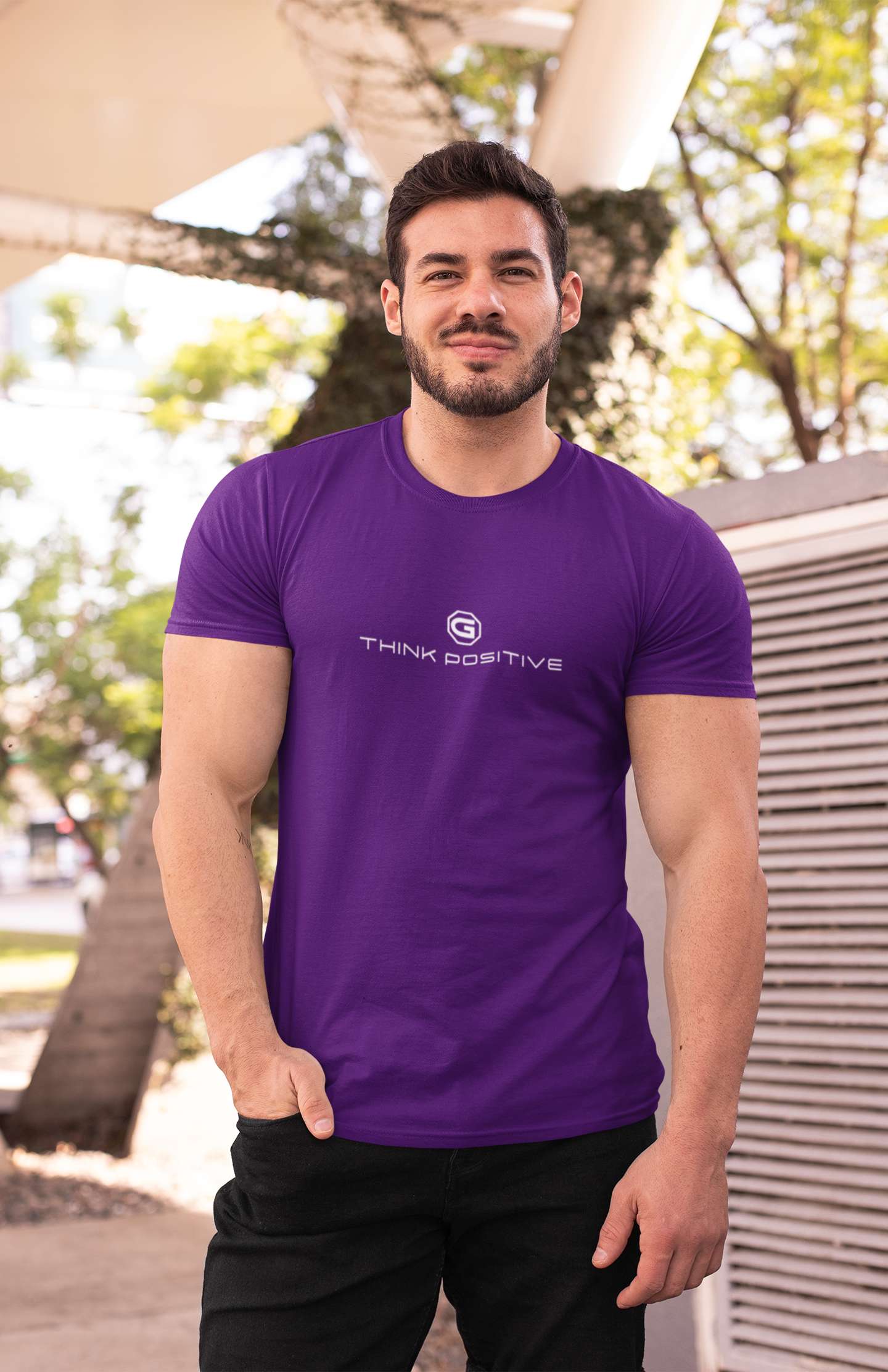 Mens designer t-shirts Think Positive perfect for exercise or athleisure Purple
