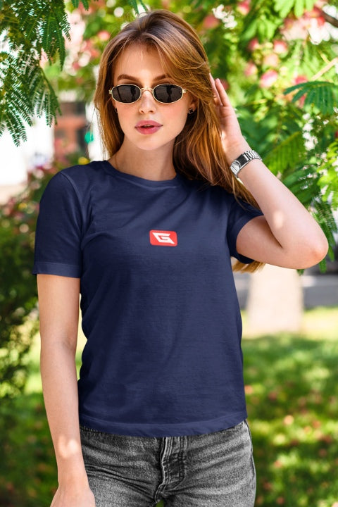 Designer T-shirts for Women | Gymate Red logo [Ctr] Navy