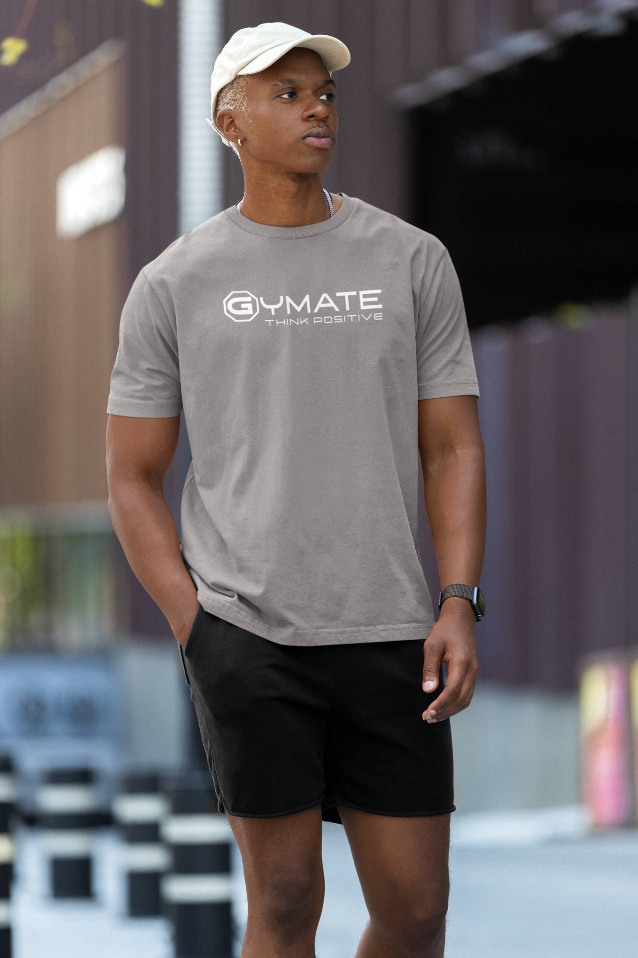Designer t shirts for men ctr 'Think Positive' colours fashionable tee light grey