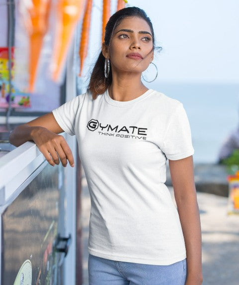 Designer T shirts for women ctr 'Think Positive' white