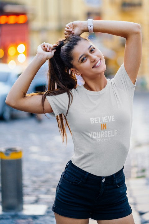 Womens Slogan T shirts 'Believe in Yourself' sports grey