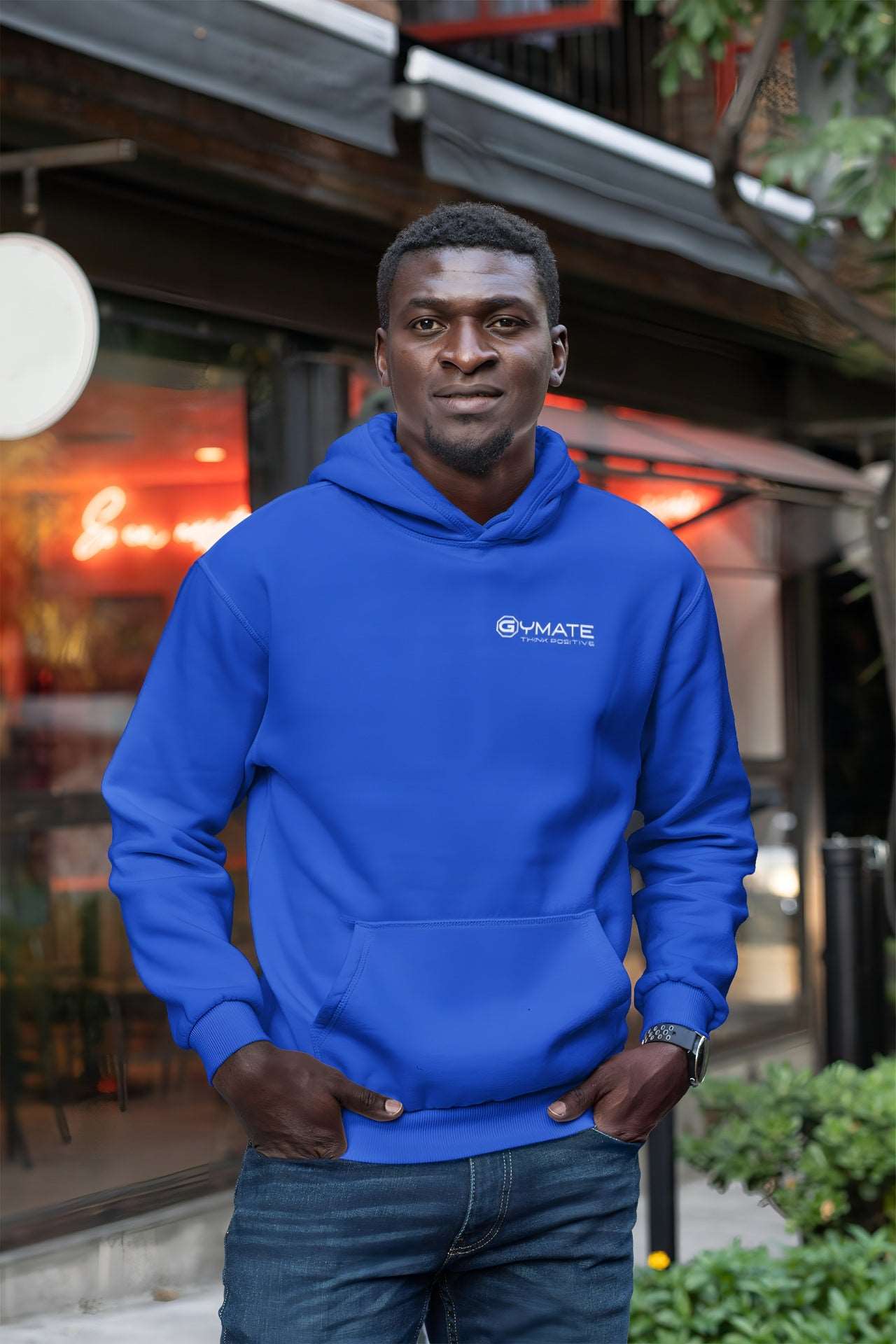 Stylish Mens Hoodies chest 'Think Positive' [colours] royal blue