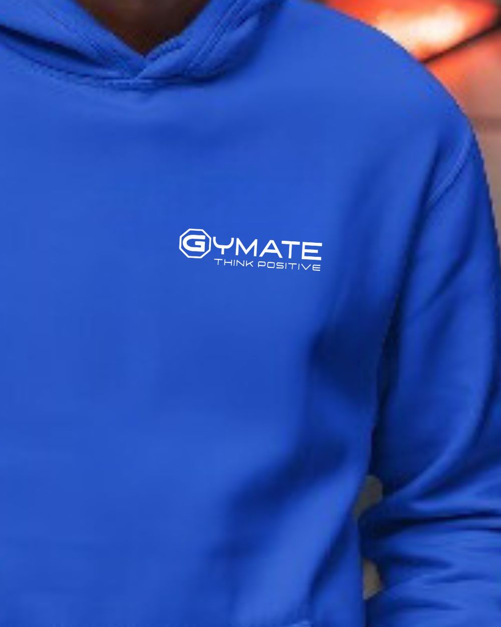 Royal blue mens hoodies close up of gymate logo
