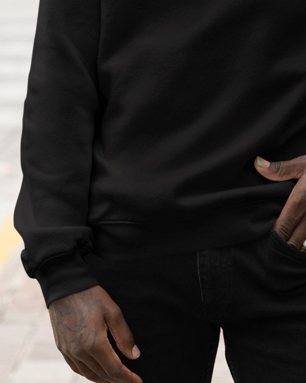 black Mens Sweatshirt Gymate Logo close up hem and cuff
