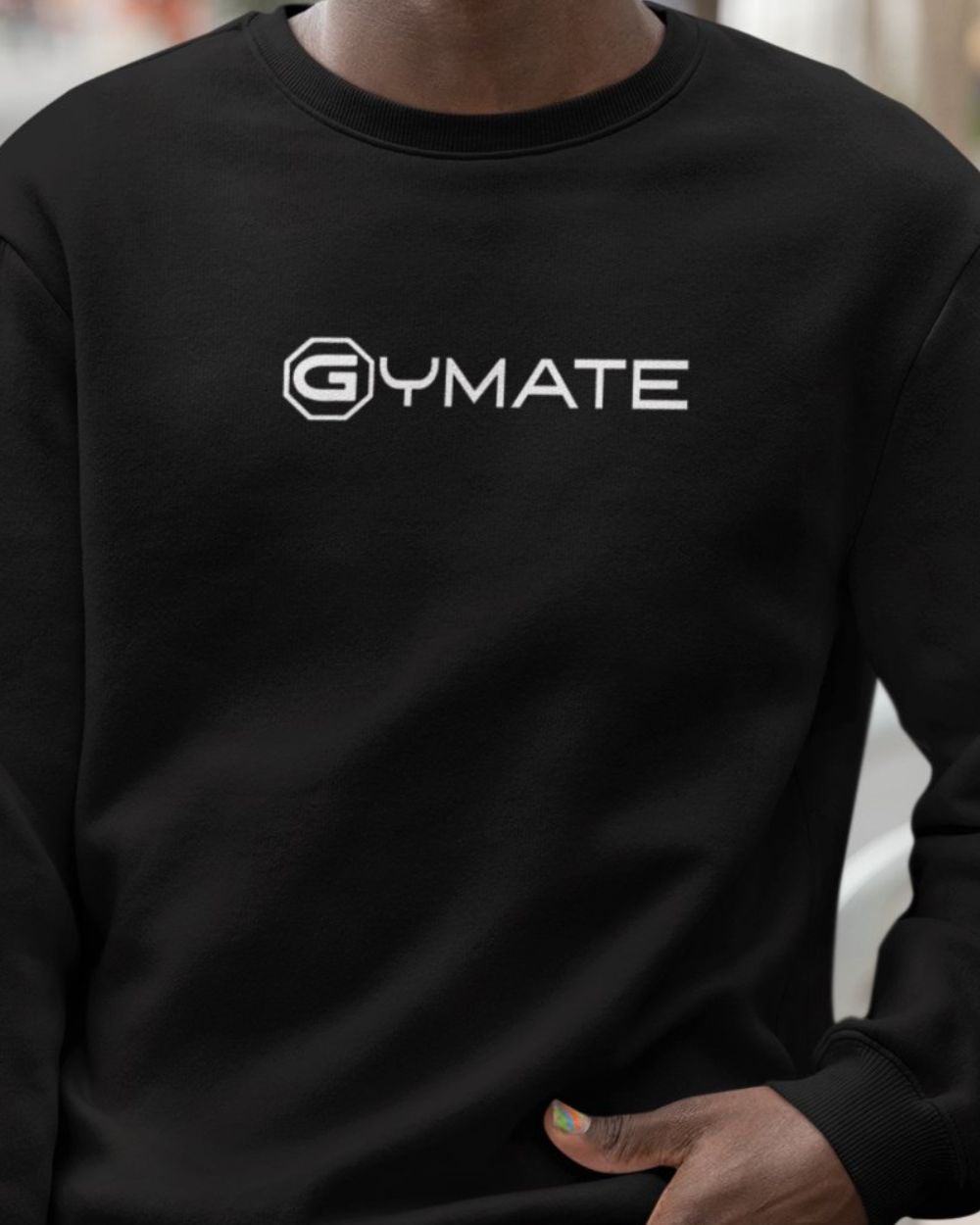 black Mens Sweatshirt Gymate Logo close up logo