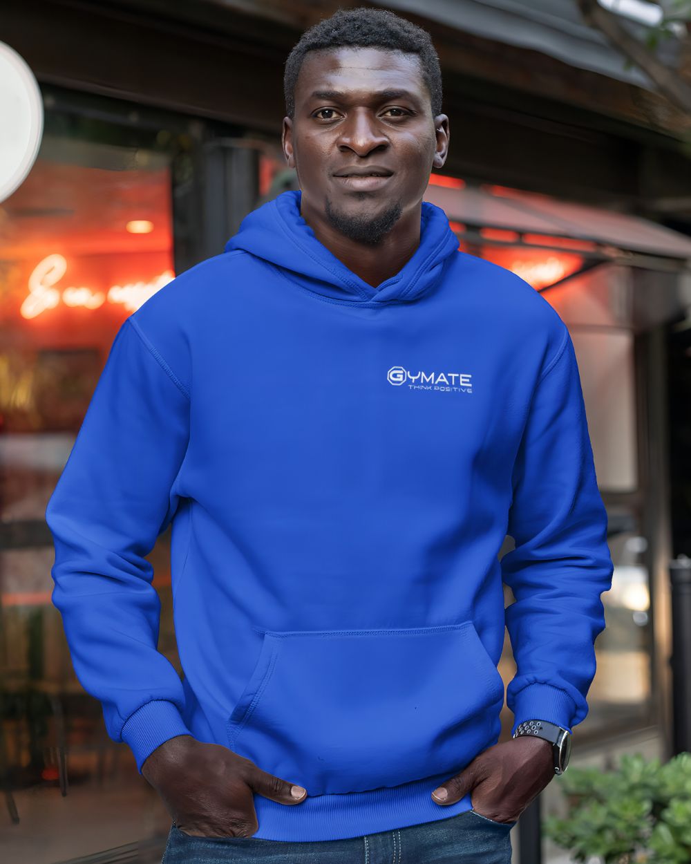 Royal blue mens hoodies chest logo 'Think Positive'