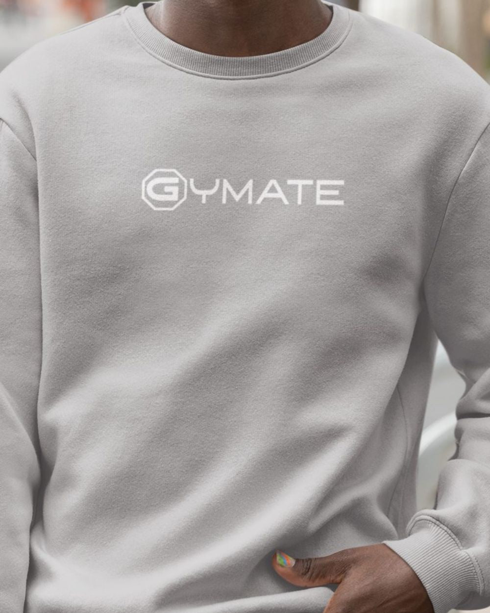 silver grey Mens Sweatshirt Gymate Logo close up logo