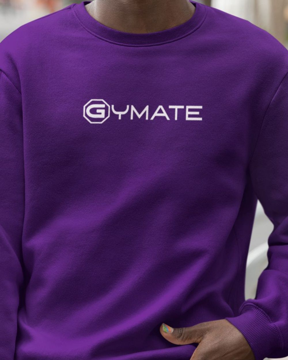 purple Mens Sweatshirt Gymate Logo close up logo