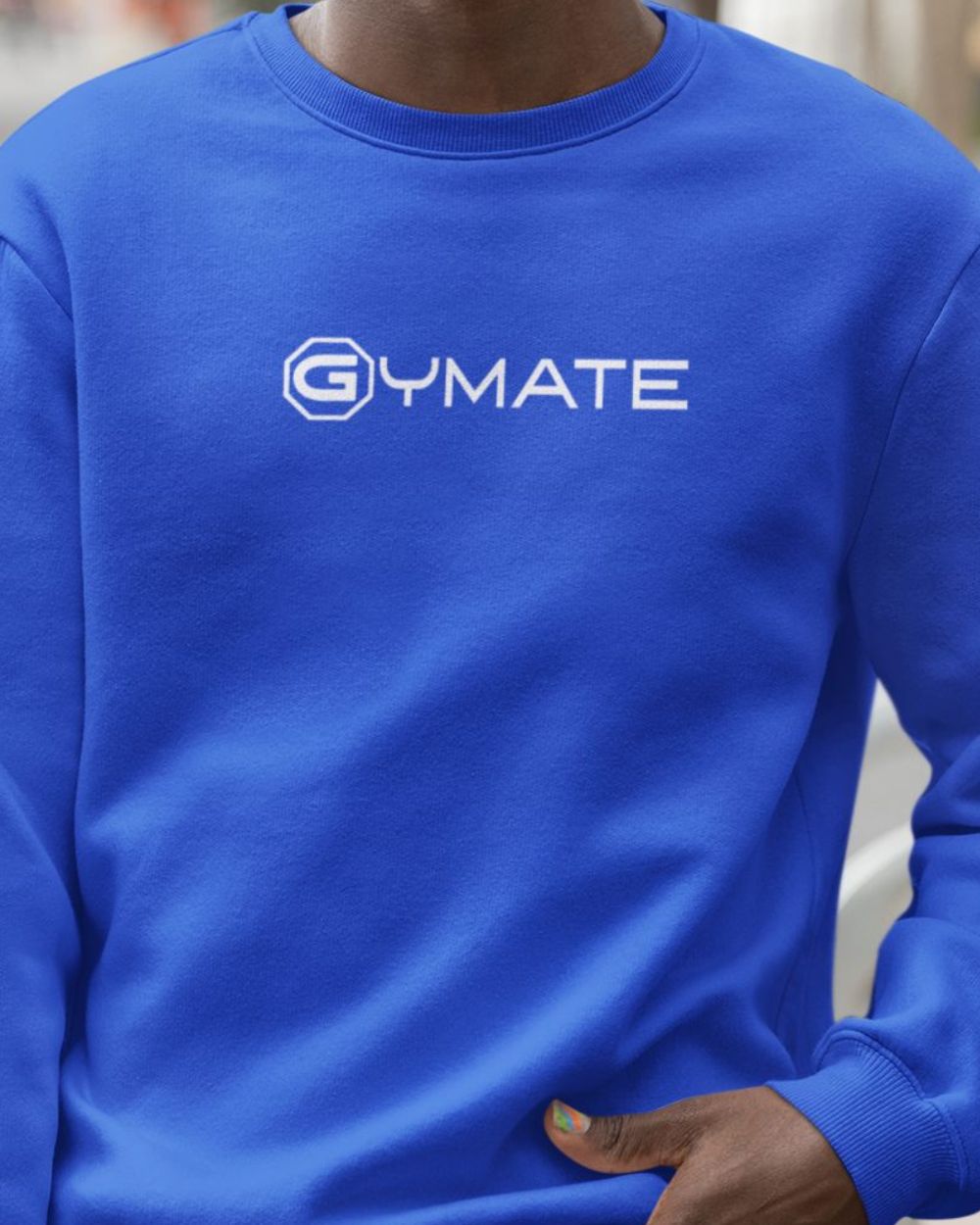 royal blue Mens Sweatshirt Gymate Logo close up logo