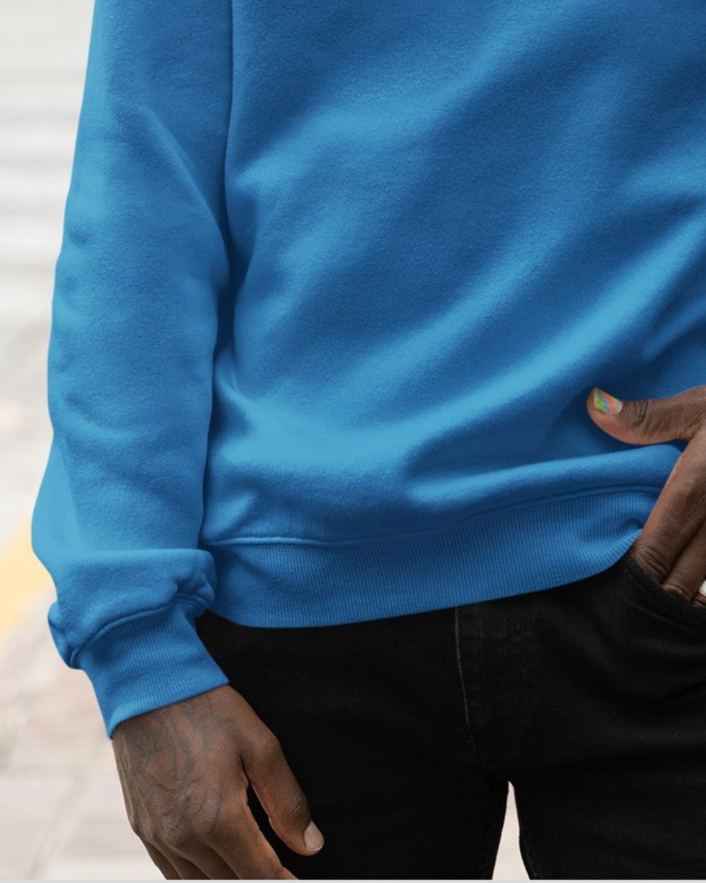sapphire blue Mens Sweatshirt Gymate Logo close up hem and cuff