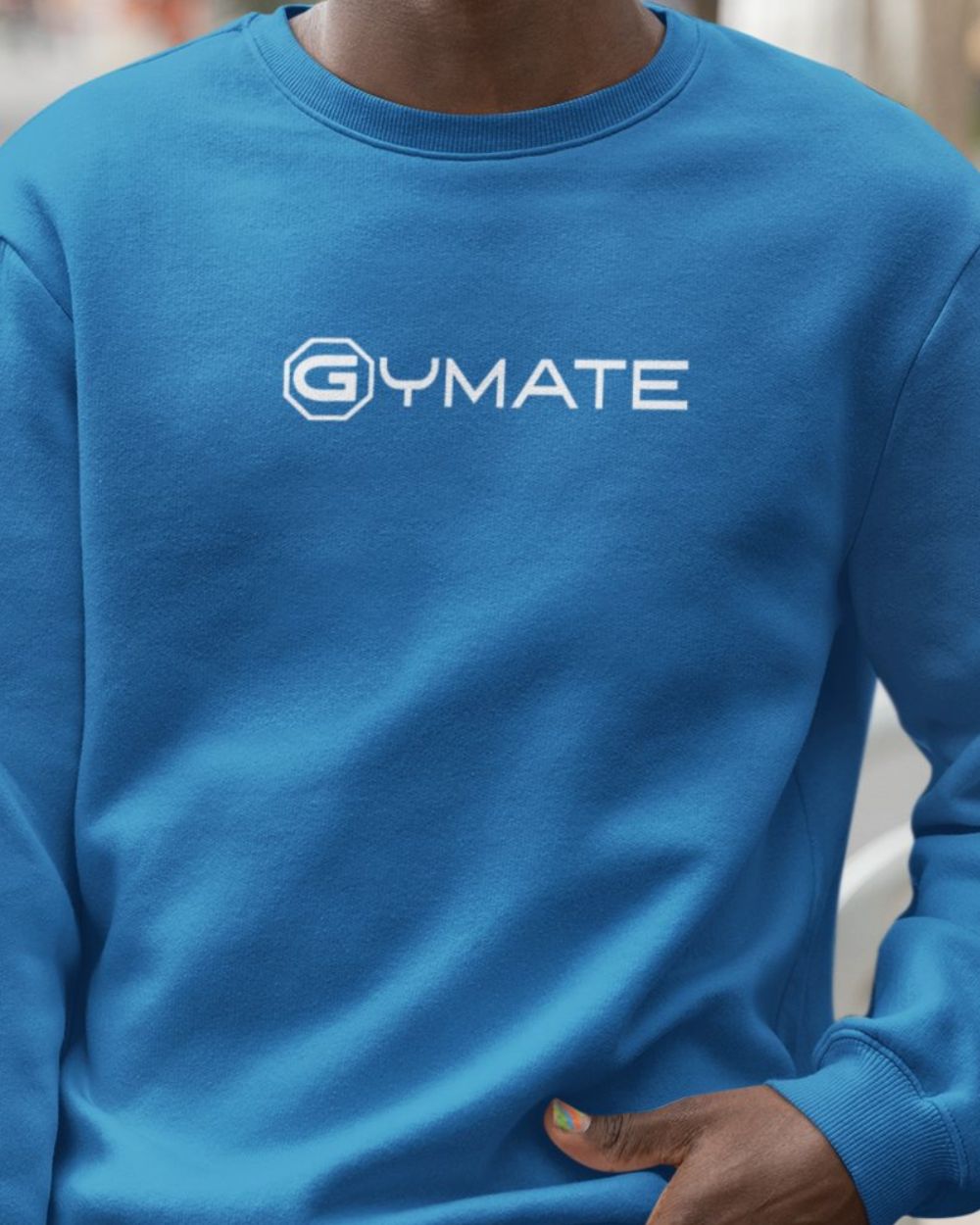 sapphire blue Mens Sweatshirt Gymate Logo close up logo