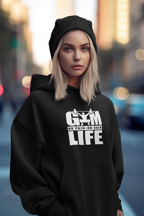 womans hoodie gym life no pain no gain black