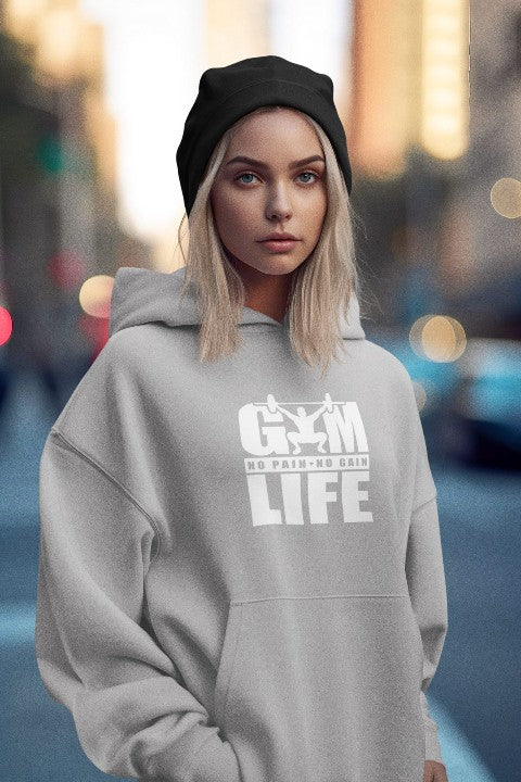 womans hoodie gym life no pain no gain light grey