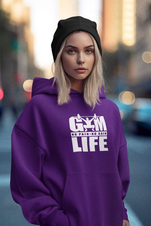 womans hoodie gym life no pain no gain purple
