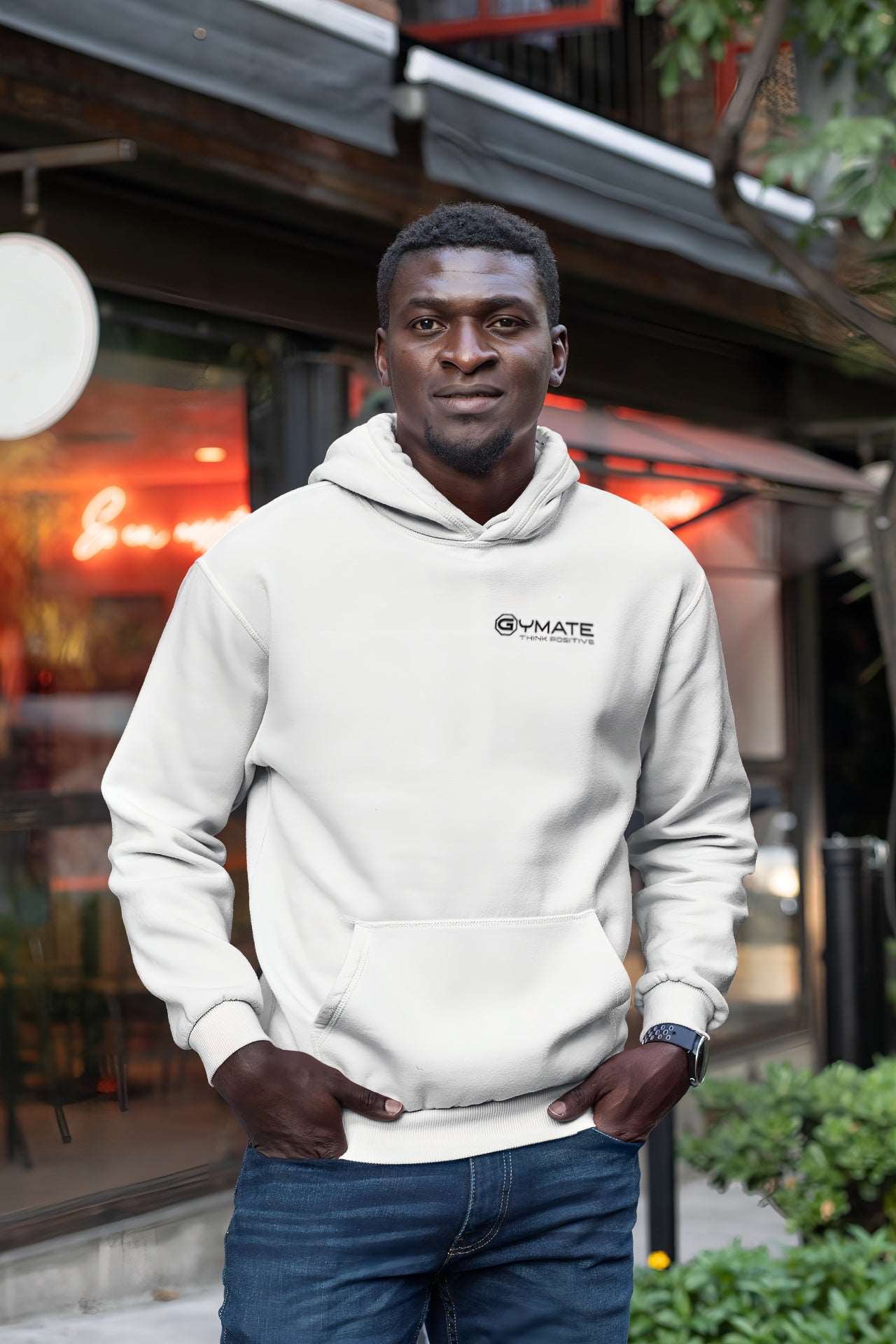 Stylish Men's Hoodies chest 'Think Positive' [white]