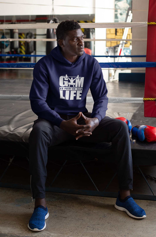 navy blue Mens Gym Hoodies with large Gym Life Graphic on front