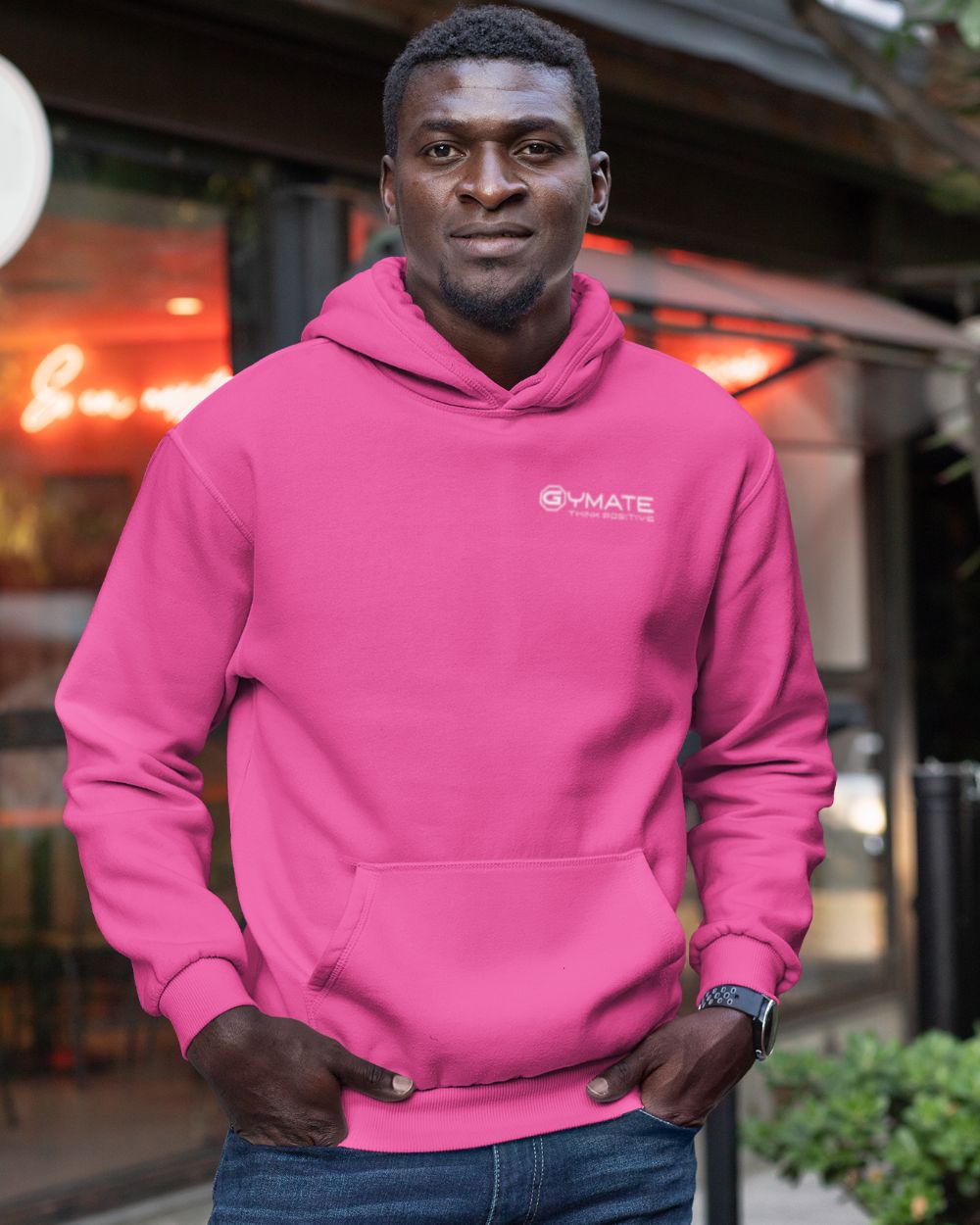 Stylish Mens Pink Hoodies with gymate 'Think Positive' logo to chest