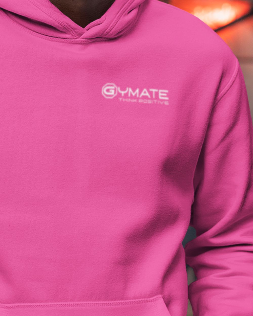Stylish Mens Pink Hoodies chest 'Think Positive' close up logo