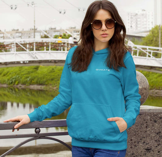 womens blue designer hoodies Original Gymate chest logo sapphire blue
