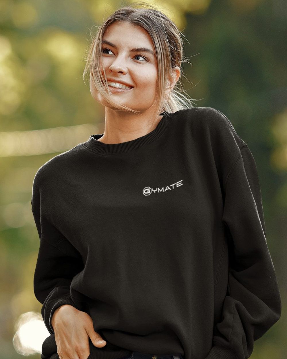 black womens design sweatshirt with white Gymate logo to chest